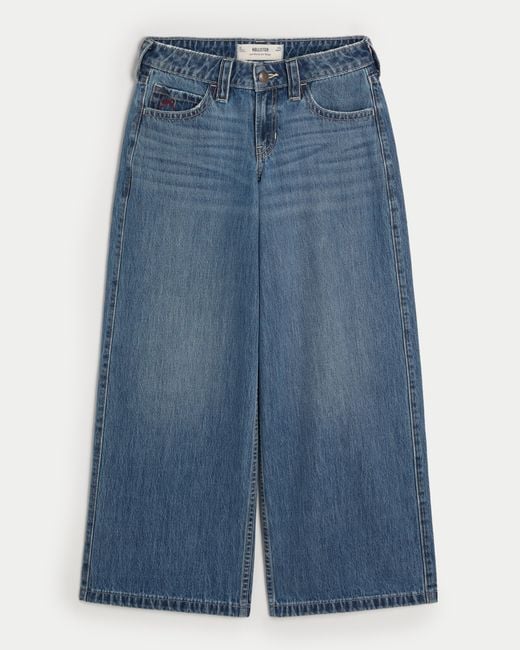 Hollister Blue Low-rise Medium Wash Cherry Embroidered Super Baggy Jeans