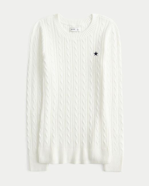 Hollister White Cable-knit Star Crew Sweater
