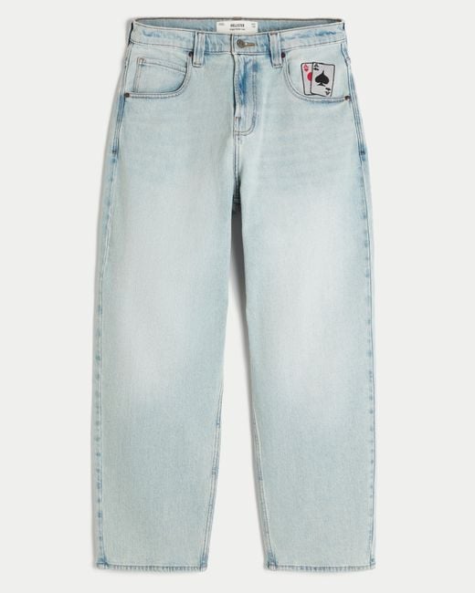 Hollister Blue Light Wash Playing Card Graphic Skater Baggy Jeans for men