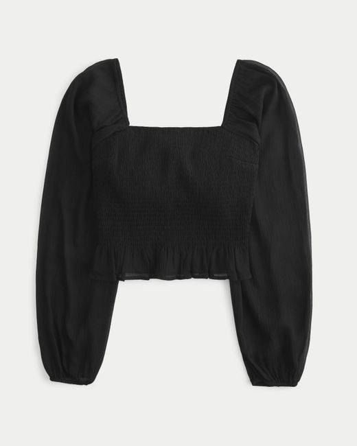 Hollister Black Long-sleeve Smocked Chiffon Top