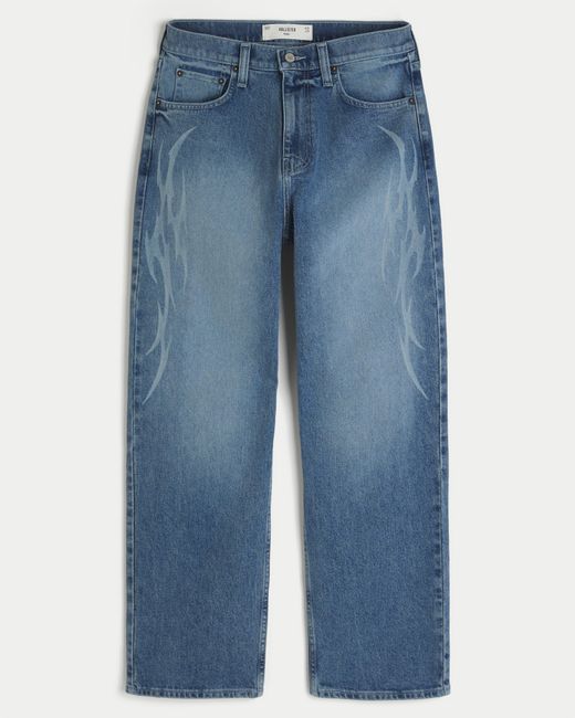 Hollister Blue Dark Wash Graphic Baggy Jeans for men