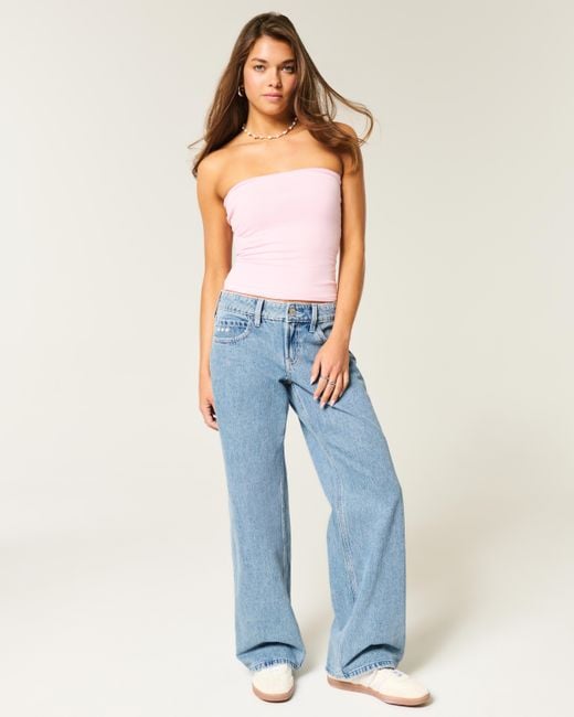 Hollister Blue Low Rise Baggy-Jeans in mittlerer Waschung mit bestickten Früchten