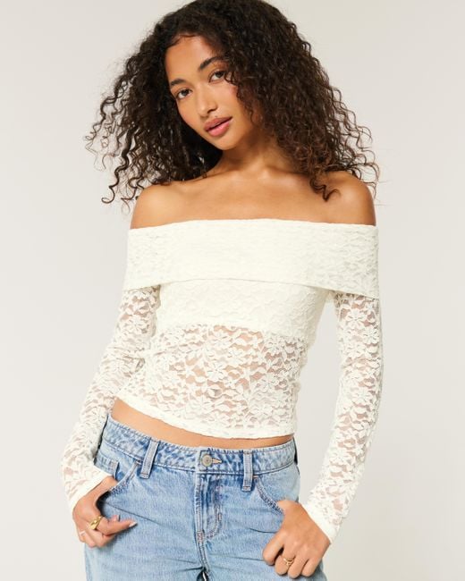 Hollister White All-over Lace Off-the-shoulder Top