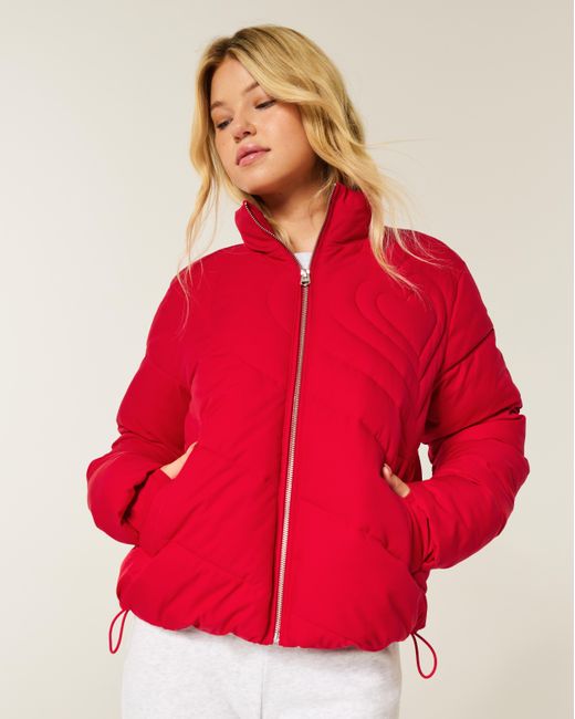 Hollister Red Zip-up Pattern Puffer Jacket