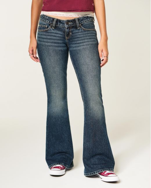 Hollister Blue Low-rise Dark Wash Tab Waist Bootcut Jeans