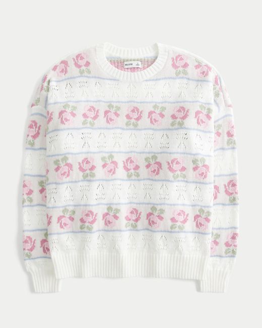 Hollister White Floral Graphic Crew Sweater