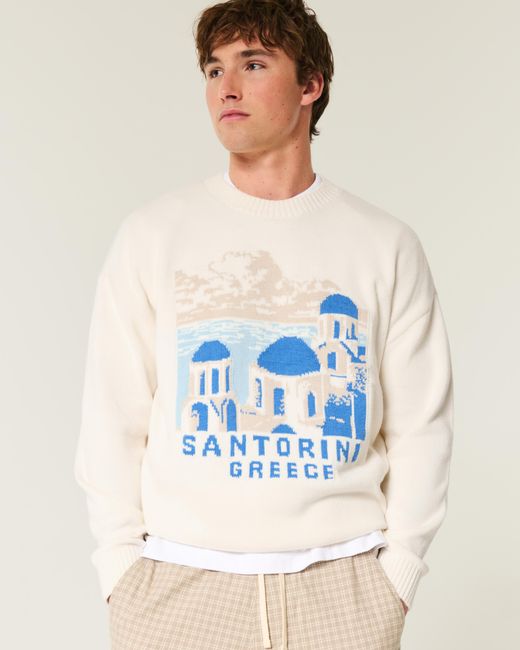 Hollister Blue Santorini Greece Graphic Crew Sweater for men