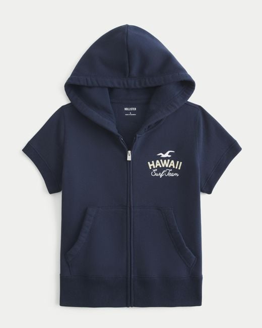 Hollister Blue Short-sleeve Zip-up Logo Graphic Hoodie