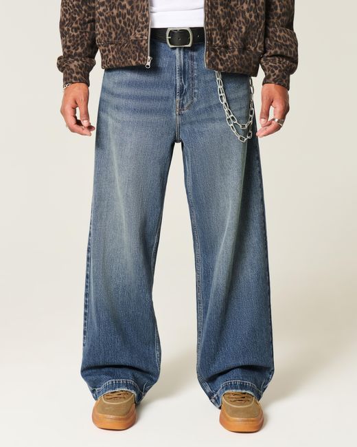 Hollister Blue Dark Wash Dice Graphic Super Baggy Jeans for men