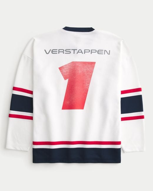 Hollister White Baggy Oracle Red Bull Racing Graphic Hockey Jersey for men