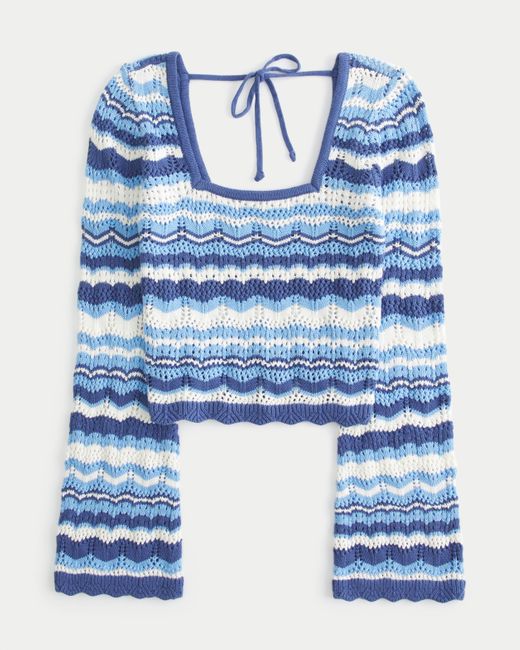 Hollister Blue Long-sleeve Square-neck Crochet-style Sweater