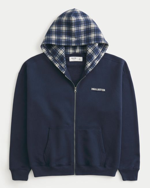 Hollister Blue Boxy Zip-up Plaid Hood Logo Hoodie for men