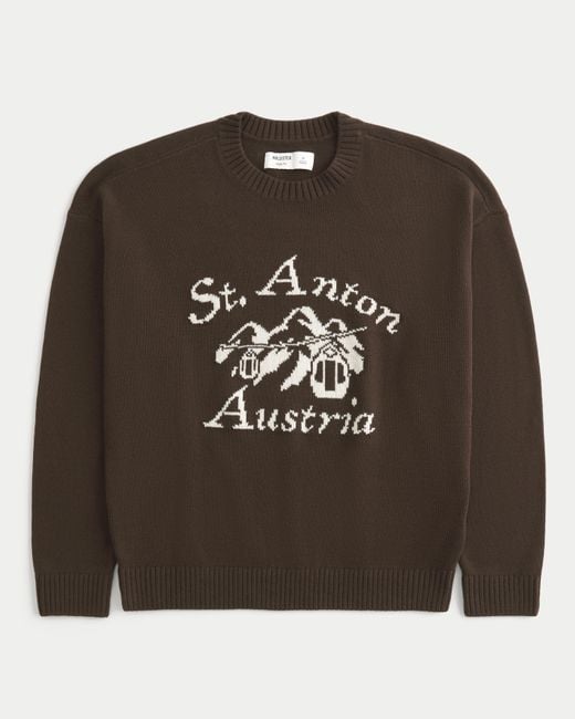 Hollister Brown Boxy St. Anton Austria Graphic Crew Sweater for men