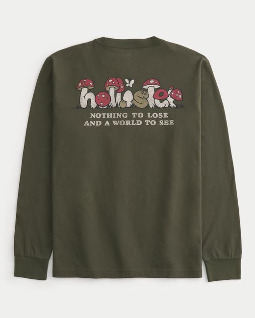 Hollister Green Relaxed Long-sleeve Mushroom Logo Graphic Tee for men
