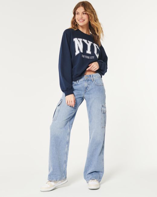 Hollister Blue Low Rise Baggy Cargo-Jeans in mittlerer Waschung