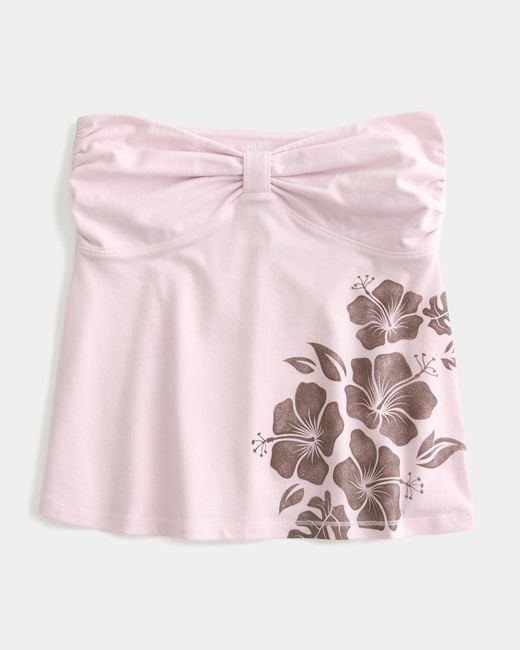 Hollister Pink Strapless Floral Graphic Babydoll Top