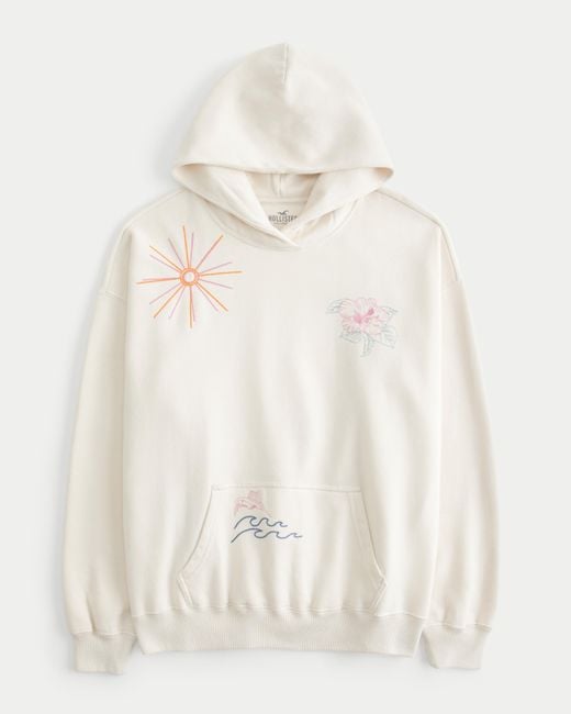 Hollister Natural Oversized Embroidered Graphic Hoodie