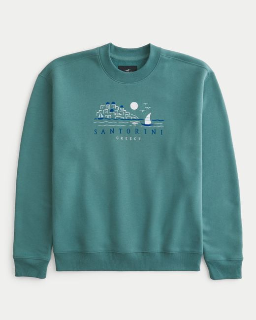 Hollister Sweatshirt in Relaxed Fit mit Rundhalsausschnitt und Santorini Greece-Grafik in Green für Herren