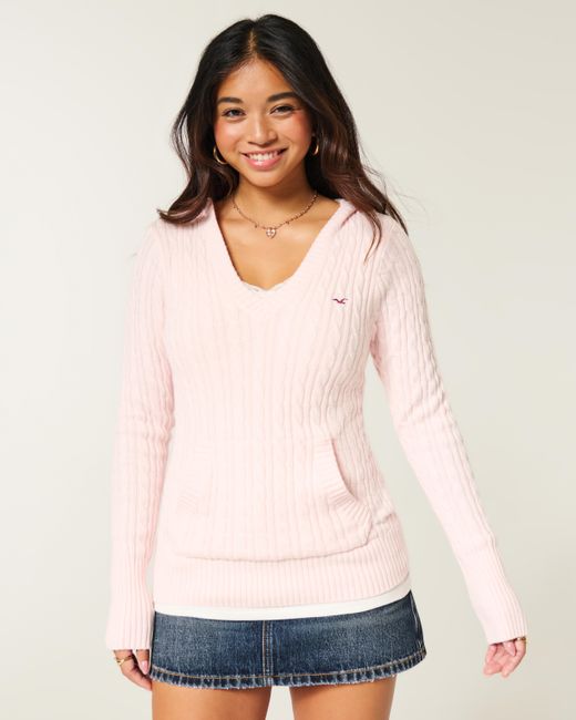 Hollister Pink Cable-knit V-neck Hoodie Sweater