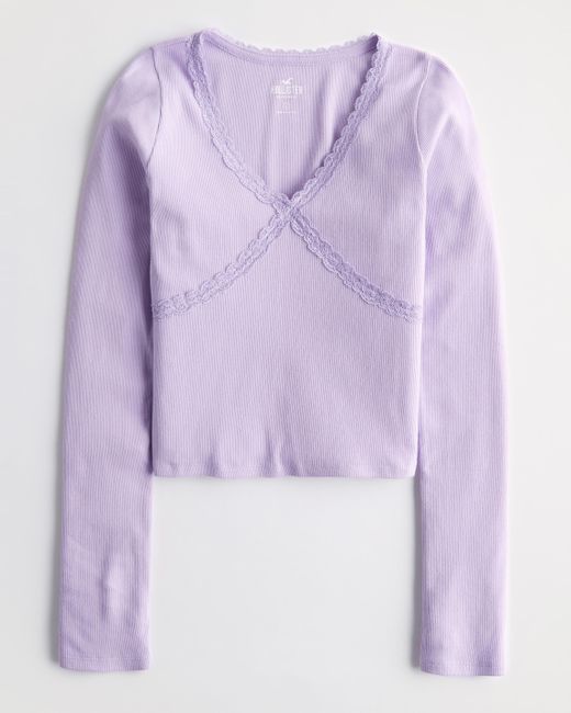 Hollister Purple Ribbed Long-sleeve Lace Trim V-neck Top