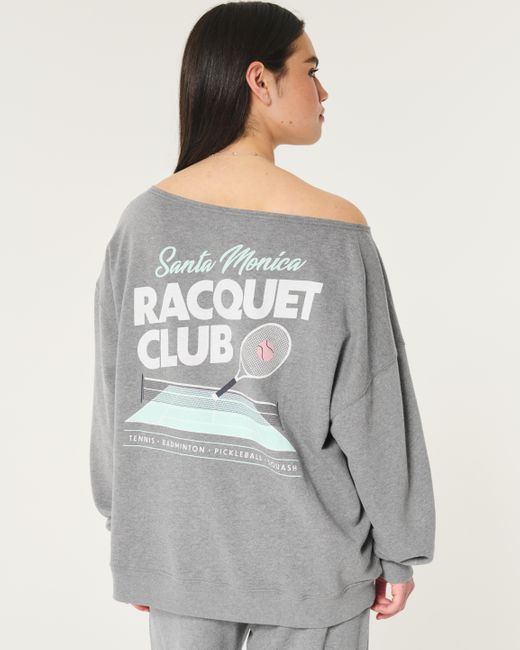 Hollister Gray Übergroßes, schulterfreies Sweatshirt mit Racquet Club-Grafik