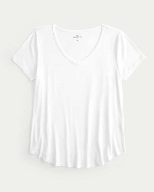 Hollister White Lässiges T-Shirt mit V-Ausschnitt und Symbol