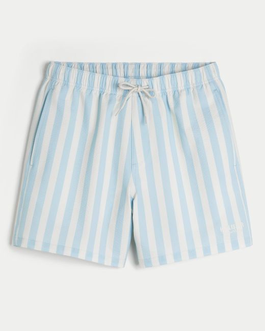 Hollister Blue Mid-thigh Seersucker Swim Trunks for men