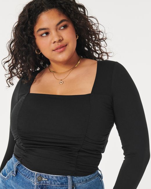Hollister Black Seamless Fabric Shirred Square-neck Top