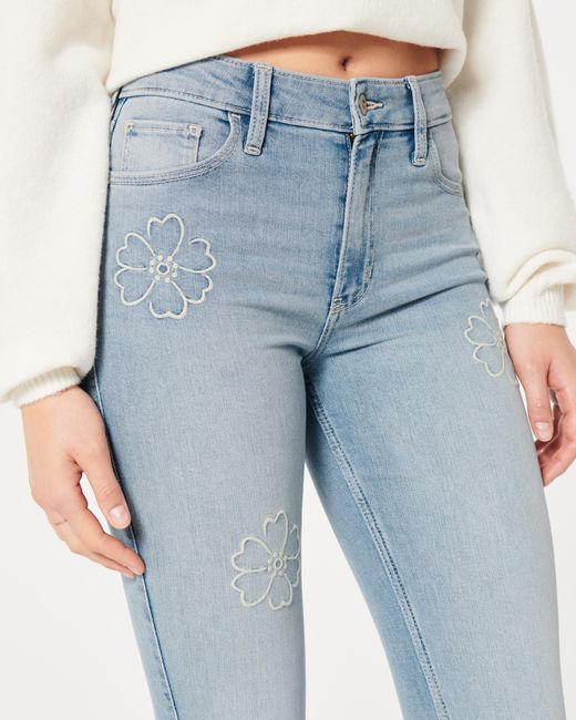 Hollister Blue High-rise Medium Wash Floral Embroidered Flare Jean