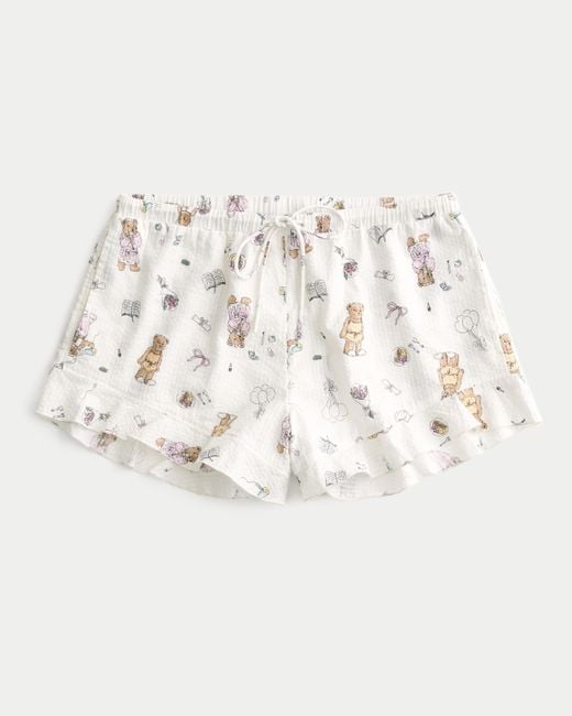 Hollister Natural Bear Pattern Ruffled Seersucker Pajama Shorts