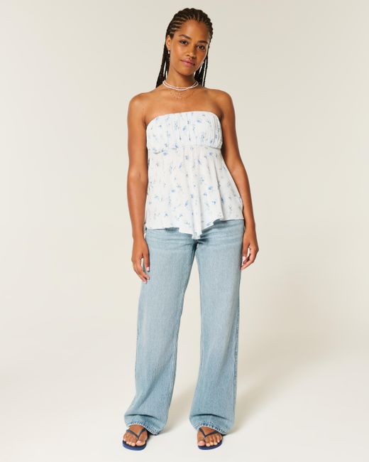 Hollister Blue Curvy Low Rise Baggy Jeans in mittlerer Waschung