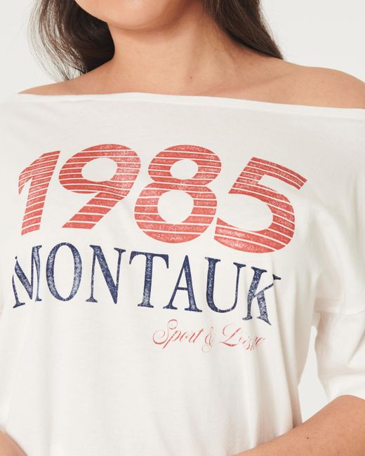 Hollister White Oversized Off-the-shoulder Montauk Graphic Tee