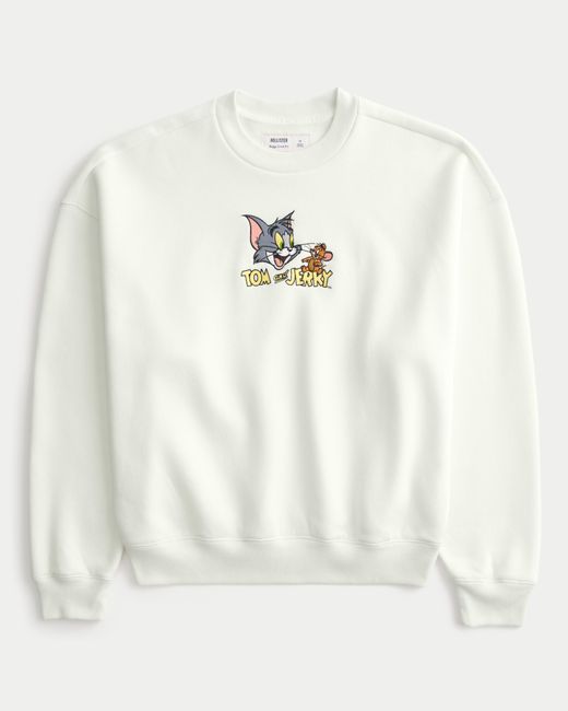Hollister White Baggy Cinch Tom And Jerry Graphic Crew Sweatshirt for men