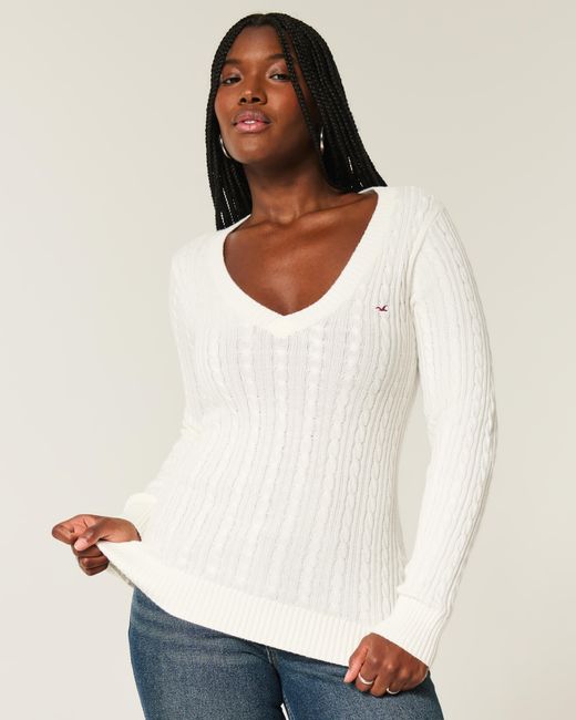 Hollister White Cable-knit Icon V-neck Sweater