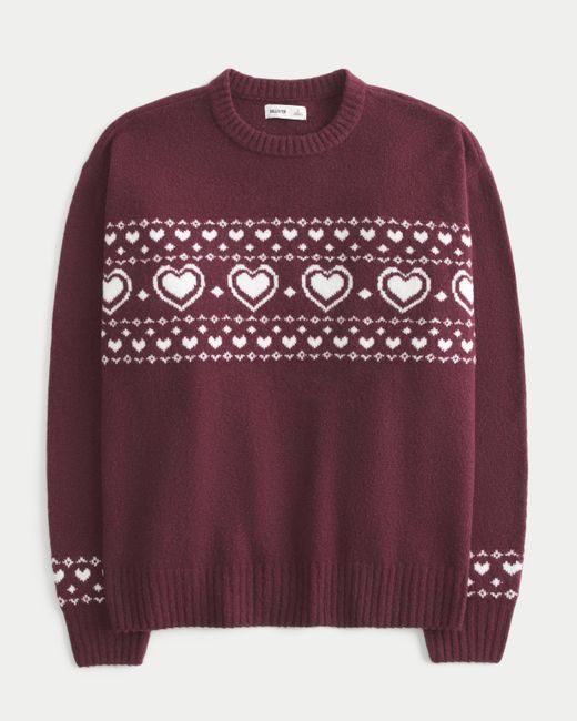Hollister Red Oversized Heart Pattern Crew Sweater