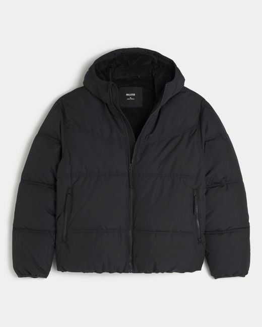 Hollister Black Faux Fur-lined Puffer Jacket for men