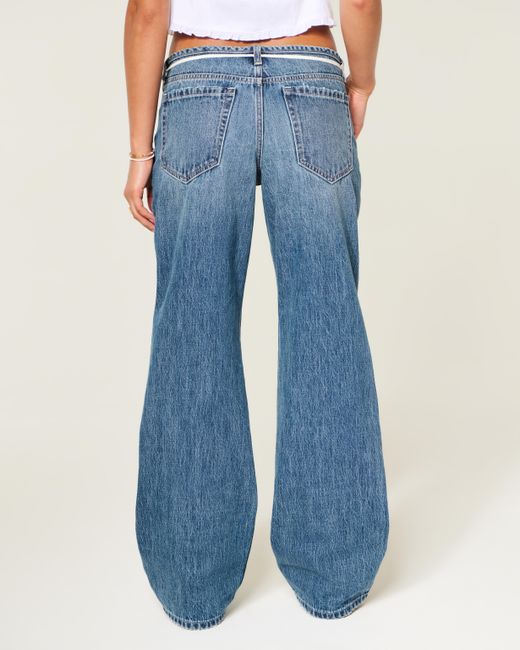 Hollister Blue Ultra Low-rise Mini Waistband Dark Wash Tie Waist Baggy Jeans
