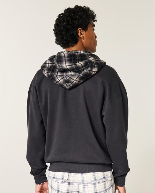 Hollister Black Boxy Zip-up Plaid Hood Logo Hoodie for men