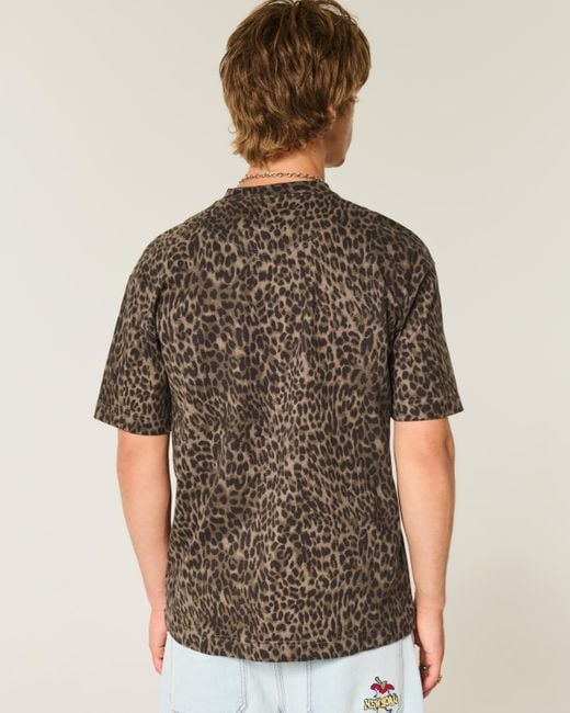 Hollister Green Boxy Heavyweight Leopard Print Cotton Crew T-shirt for men