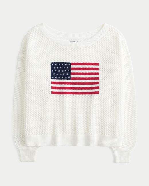 Hollister White Easy Off-the-shoulder Stitchy American Flag Graphic Sweater