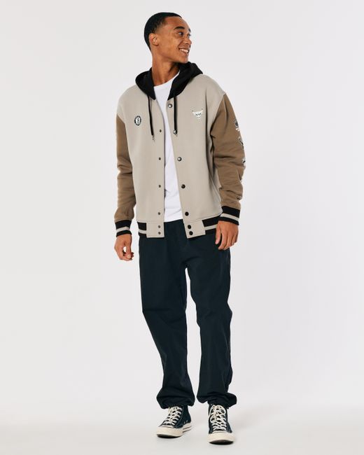 Hollister Natural Relaxed Nba Logo Graphic Bomber Hoodie