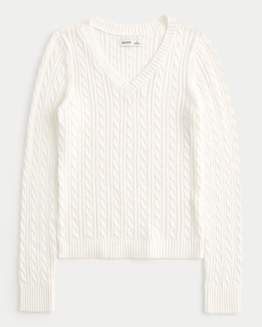 Hollister White Cable-knit Icon V-neck Sweater