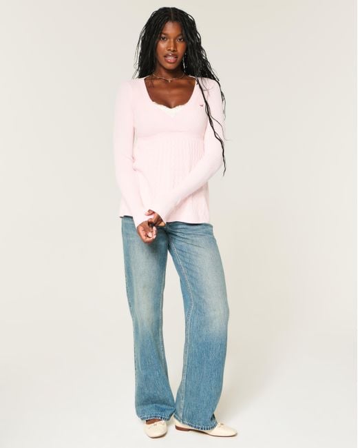 Hollister Pink Wrap Front Long-sleeve Babydoll Sweater