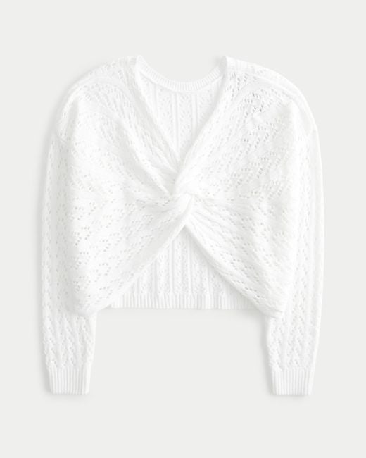 Hollister White Easy Long-sleeve Crochet-style Twist Sweater