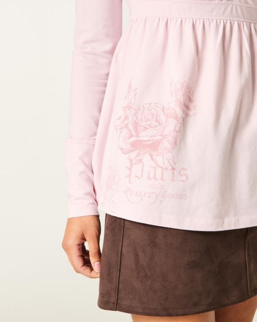 Hollister Pink Long-sleeve Pinch Bust Graphic Babydoll Top