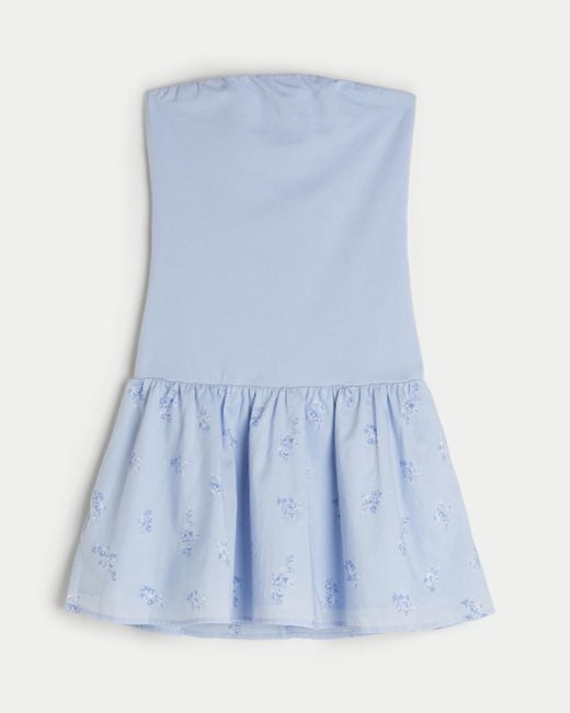 Hollister Blue Strapless Drop-waist Knit-woven Mini Dress