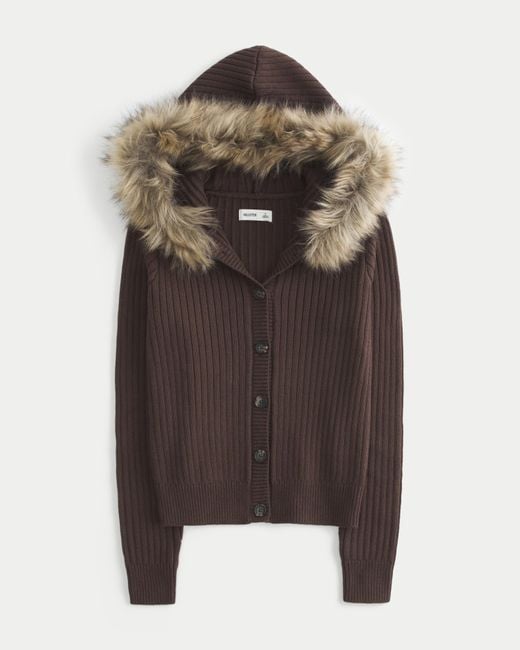 Hollister Brown Hooded Faux Fur Trim Cardigan