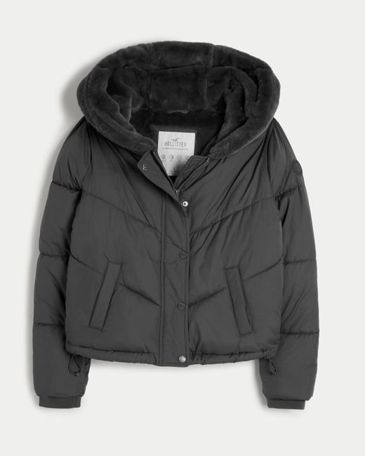 Hollister Black Ultimate Faux Fur-lined Hooded Puffer Jacket