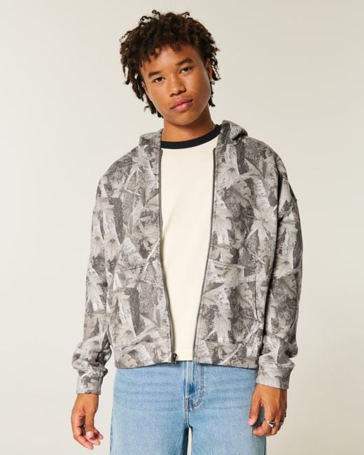 Hollister Gray Boxy Camo Zip-up Hoodie for men