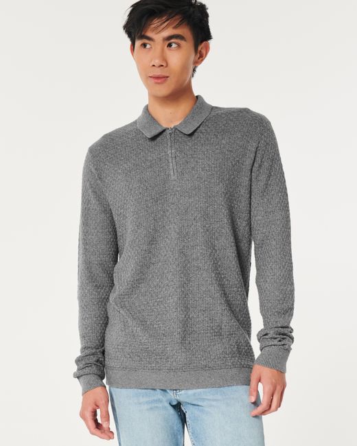 Hollister Gray Textured Long-sleeve Sweater Polo for men